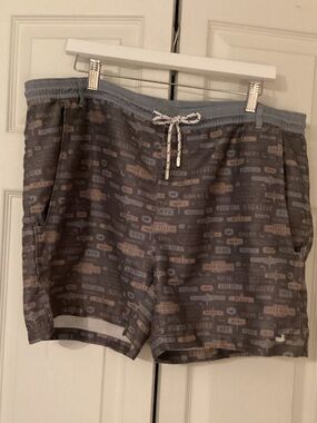 Southern Marsh Gray Patterned Swim Trunks with Light Blue Waist-39 Inseam 5 Inch